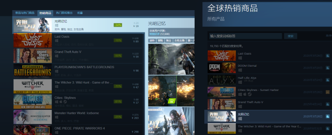 《光明记忆》系列Steam销量排行榜历史截图
